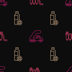 Set line Trolley baggage, No water bottle and Passenger ladder for plane boarding on seamless pattern. Vector