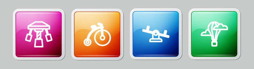 Set line Attraction carousel, Vintage bicycle, Seesaw and Hot air balloon. Colorful square button. Vector