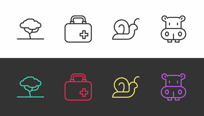 Set line African tree, First aid kit, Snail and Hippo or Hippopotamus on black and white. Vector