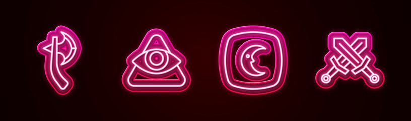Set line Wooden axe, All-seeing eye of God, Moon and stars and Crossed medieval sword. Glowing neon icon. Vector