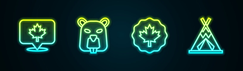 Set line Canadian maple leaf, Beaver animal, and Indian teepee or wigwam. Glowing neon icon. Vector