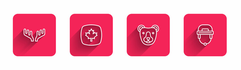 Set line Deer antlers, Canadian maple leaf, Bear head and Hockey helmet with long shadow. Red square button. Vector