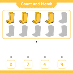 Count and match, count the number of Rubber Boots and match with the right numbers. Educational children game, printable worksheet, vector illustration