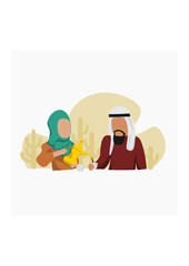 Editable Vector of Arab Woman Pouring Arabic Coffee From Dallah Pot into Finjan Cup for Her Husband Illustration for Islamic Moments or Arabian Culture Cafe and Family Related Design