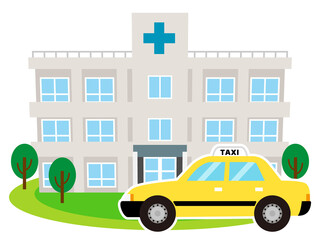 病院とタクシーのイラスト