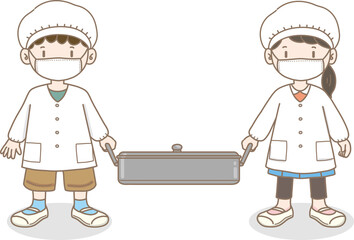 給食当番（男女）／This is an illustration of a child on duty for lunch.In Japan, children are on duty to distribute lunch.