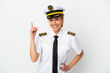 Airplane blonde woman pilot isolated on white background pointing up a great idea