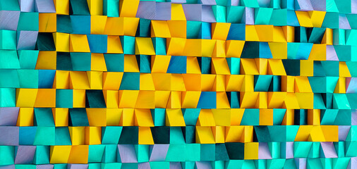 Colorful wood block wall cubic texture background . Modern contempolary woodwork wallpaper artwork design .