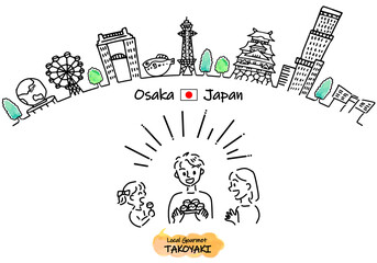 Fototapeta premium 大阪の観光地街並みと家族とご当地グルメのシンプル線画セット
