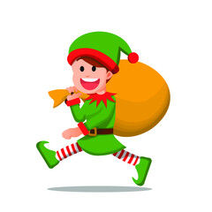 Boy with elf attribute carrying a large sack filled with gifts