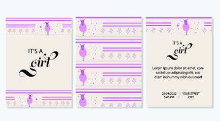 It's a girl Baby shower set invitation with Seamless pattern  pink sheep. kids card print template.