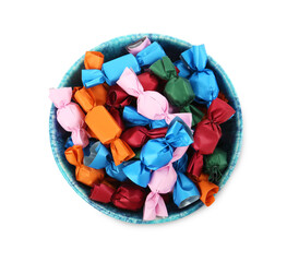 Bowl with candies in colorful wrappers isolated on white, top view