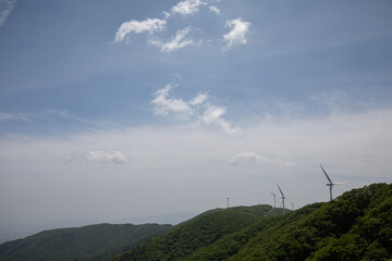 Fototapeta na wymiar Blue sky and wind power generators.