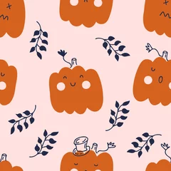 Rolgordijnen Halloween seamless autumn pattern with pumpkins and leaves. Perfect for T-shirt, textile and prints. Hand drawn vector illustration for decor and design.  © Anna