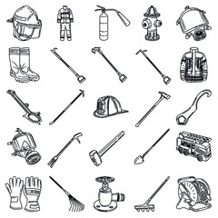 Firefighter Accessories and Equipment Device Hand Drawn Icon Set Vector.