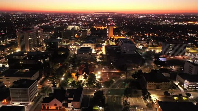 Sunset aerial view of the urban core of downtown Santa Ana, California, USA.