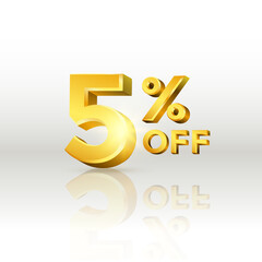 5 percent off glossy gold text vector in 3d style isolated on white background with reflection for marketing design