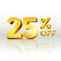 25 percent off glossy gold text vector in 3d style isolated on white background with reflection for marketing design