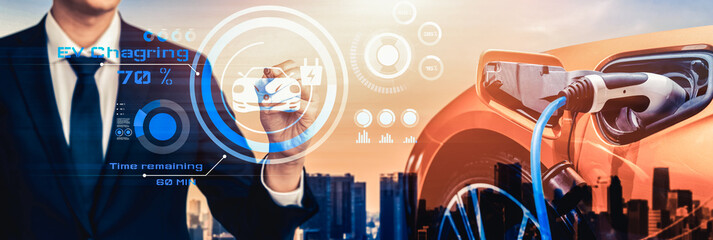Electric car virtual reality concept with EV charging station for green energy and eco power...