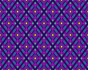 Magenta Turquoise Tribal or Ethnic Seamless Pattern on Purple Background in Symmetry Rhombus Geometric Bohemian Style for Clothing or Apparel,Embroidery,Fabric,Package Design