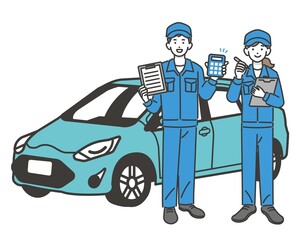 自動車と見積もりや点検をする自動車整備士のベクターイラスト素材／車／車検／修理