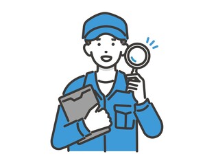 Obraz premium 虫眼鏡を持つ自動車整備士の全身ベクターイラスト素材／メンテナンス／車検／修理