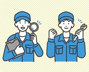 レンチを持ってガッツポーズをとったり、虫眼鏡を持つ自動車整備士の全身ベクターイラスト素材／メンテナンス／車検／修理