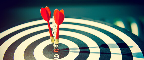 Bullseye or Bulls eye target or dartboard has dart arrow throw hitting the center of a shooting for...