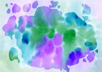 Multicolored Watercolor hand drawn abstract background. Green, turquoise, violet, blue and purple colorful Spots and Splashes texture. dark Drop on light Backgrounds. Watercolour Backdrop of Spot for