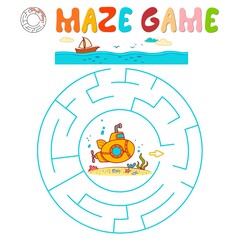 Fototapeta premium Maze puzzle game for children. Circle maze or labyrinth game with submarine.