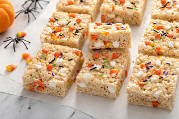 Rice cereal treats for Halloween with festive sprinkles