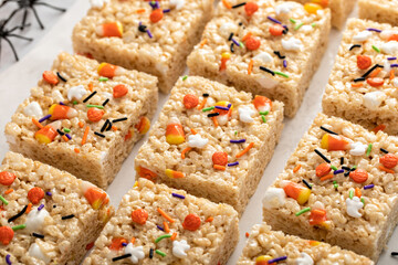 Rice cereal treats for Halloween with festive sprinkles