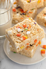 Rice cereal treats for Halloween with festive sprinkles