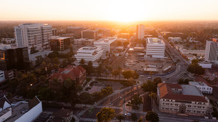 Sunset aerial view of the urban core of downtown Santa Ana, California, USA.
