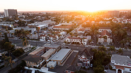 Sunset aerial view of the urban core of downtown Santa Ana, California, USA.