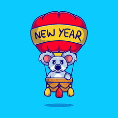 cute koala celebrates new year on hot air balloon