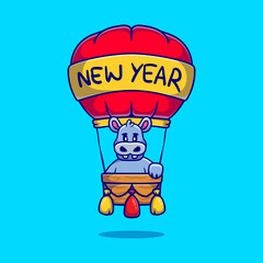 cute hippo celebrates new year on hot air balloon