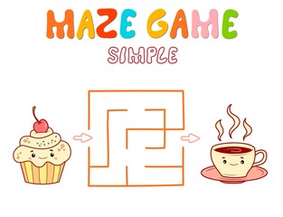 Simple Maze puzzle game for children. Color simple maze or labyrinth game with cake and tea.