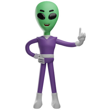 3D Alien Cartoon Character with pointed up finger