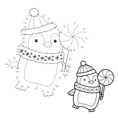Dot to dot Christmas puzzle for children. Connect dots game. Christmas penguin