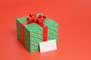 Christmas motif gift box with blank card. 3d illustration.