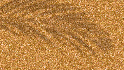 Glittering background for product display. Shadow of palm leaf on golden backdrop. Vector illustration.