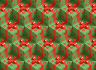 Christmas background. Isometric seamless pattern of green an red gift boxes. 3d illustration.