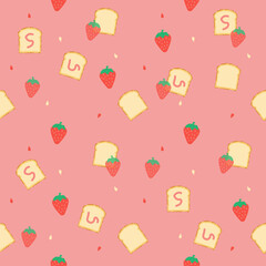 cute strawberry with bread and jam and in pink background for fabric seamless pattern