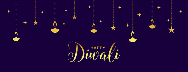 happy diwali web banner with golden flat diya design