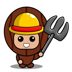 vector cartoon cute nutmeg spice mascot costume character wearing farmer's hat and holding farmer's fork