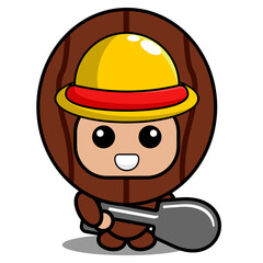 vector cartoon character cute nutmeg spice mascot costume wearing farmer's hat and holding shovel