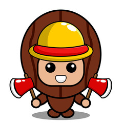 vector cartoon character cute nutmeg spice mascot costume wearing farmer's hat and holding two axes