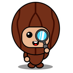 vector cartoon cute nutmeg spice mascot costume character wearing farmer's hat and holding a magnifying glass