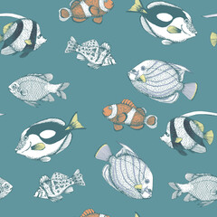 Coral reef fish seamless vector pattern. Marine background for textiles and wrapping